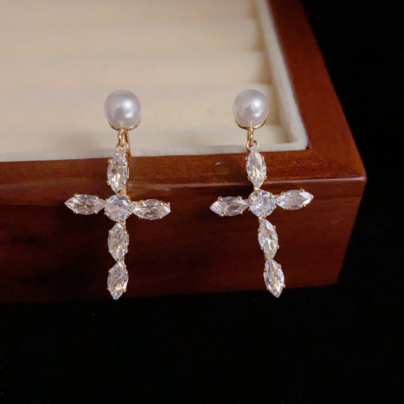 14K Gold-Plated Pearl & Zircon Cross Earrings - Elegant Sparkle