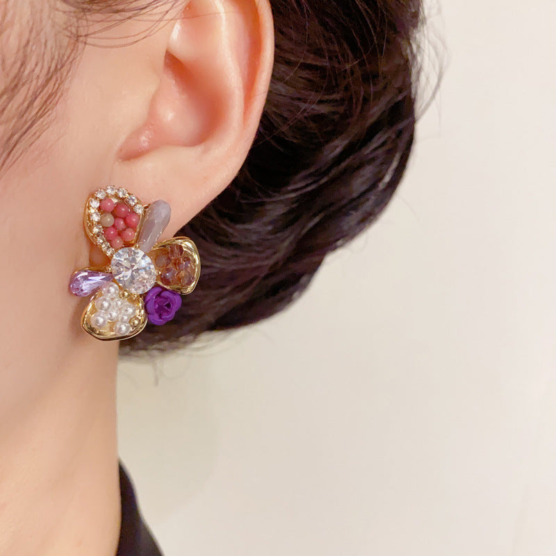 Elegant Handcrafted Beaded Petal Stud Earrings – Floral Design