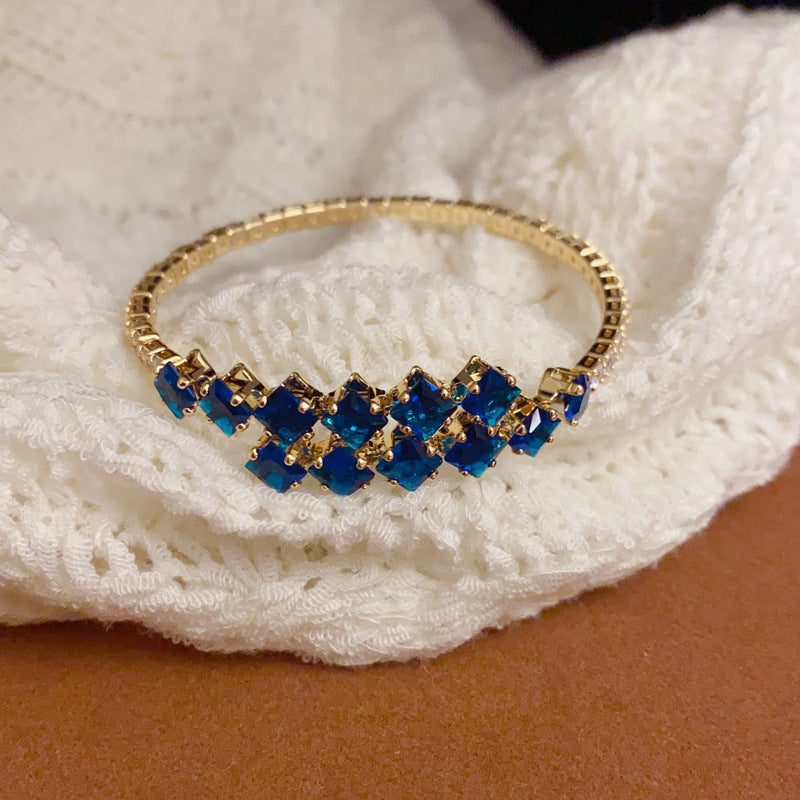 14K Gold-Plated Blue Full Zircon Open Bangle – Adjustable Elegant