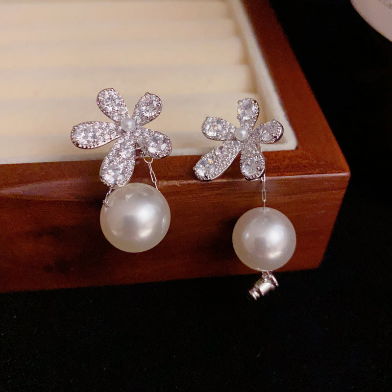 14K Gold-Plated Full Zircon Flower Pearl Earrings – Dual-Wear Design