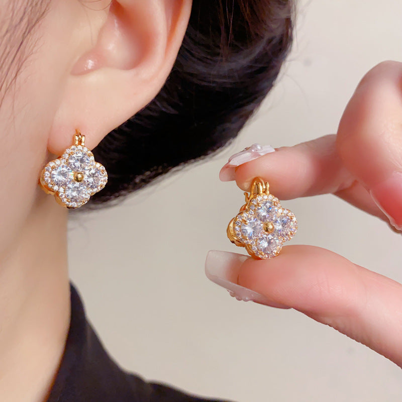Elegant Double-Sided 4-Leaf Flower Hoop Earrings – Geometric Design