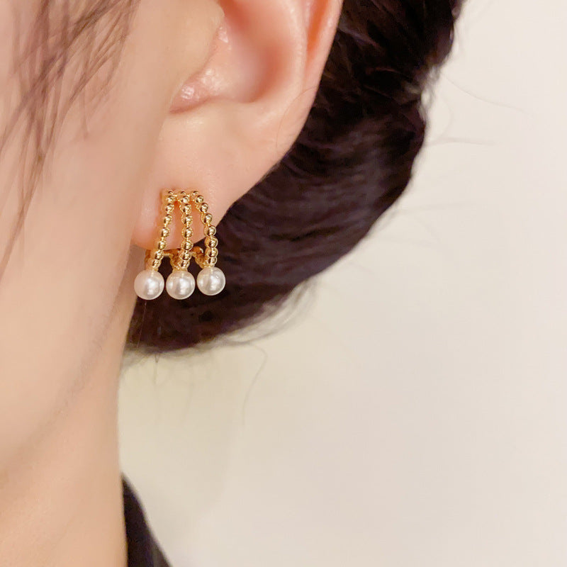 14K Gold-Plated Three-Row Pearl Hoop Earrings - Minimalist Elegance
