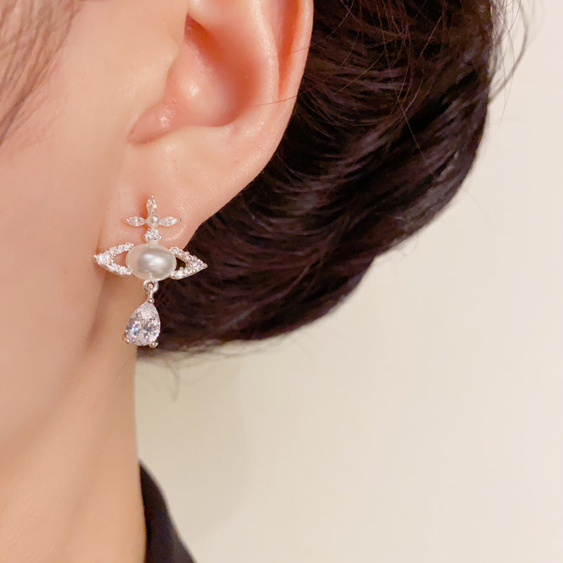 Luxury Full-Zircon Pearl Saturn Teardrop Earrings – Elegant Design