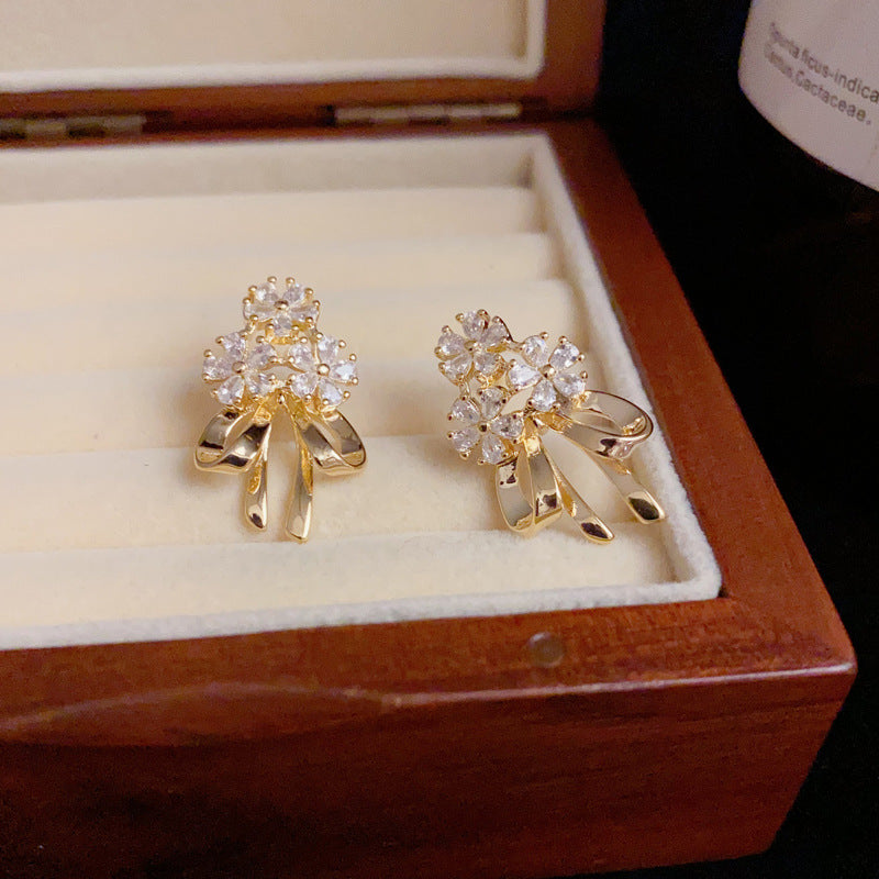 14K Gold-Plated Zircon Flower Bow Drop Earrings – Elegant Design