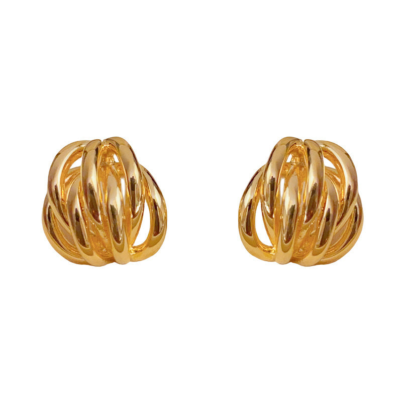 18K Gold Vintage Metal Line Geometric Stud Earrings – Elegant Design