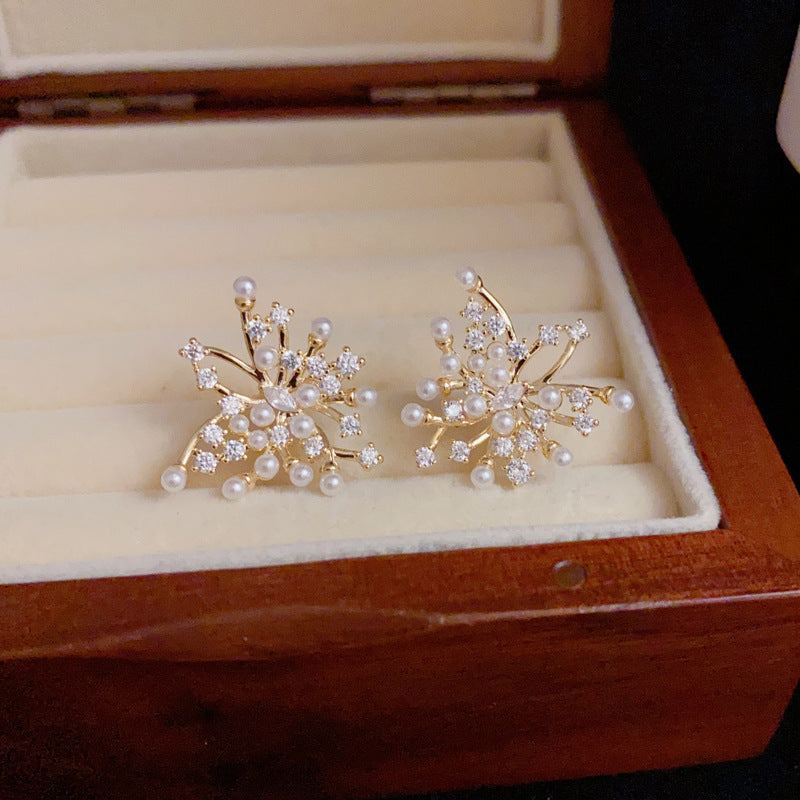 14K GoldLuxury Zircon & Pearl Firework Stud Earrings– Geometric Design