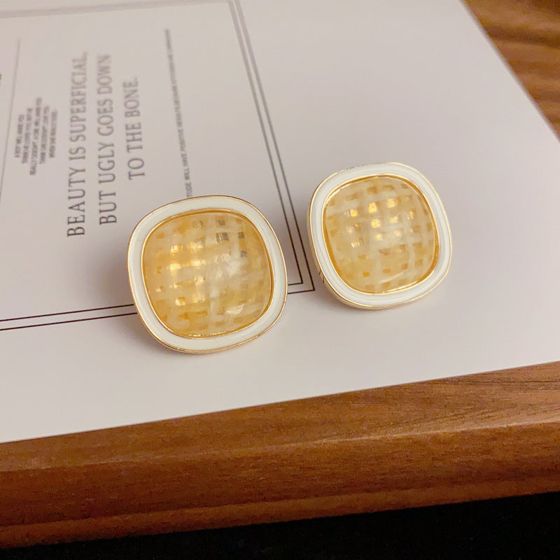 14K Gold Striped Enamel Square Stud Earrings – Modern Geometric Design