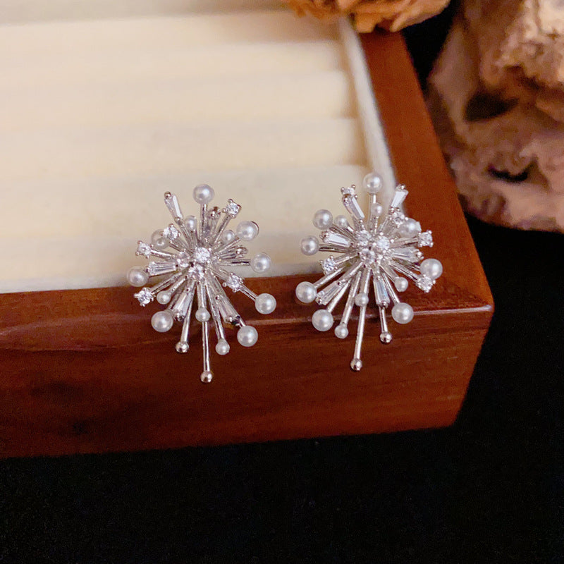 Elegant Pearl & Zircon Firework Stud Earrings – Silver Needle Design