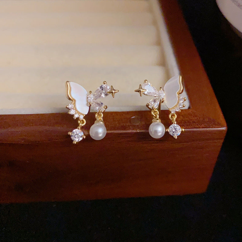 14K Gold-Plated Shell Butterfly Tassel Earrings– Elegant Dangle Design