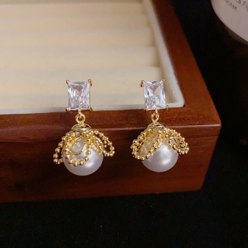 14K Gold Square Zircon & Pearl Petal Drop Earrings – Elegant Design