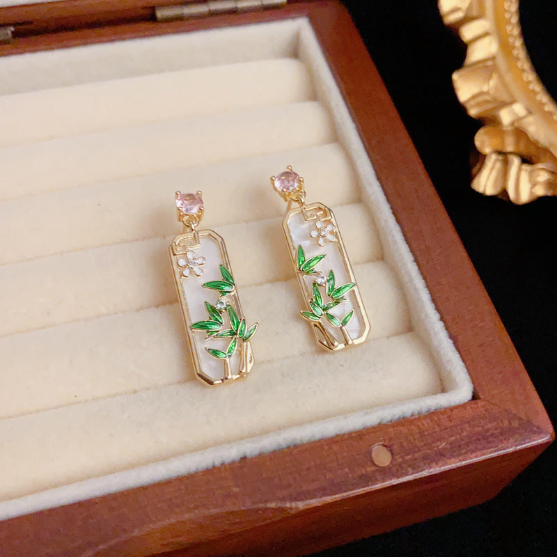 Elegant Zircon Bamboo Leaf Square Gold Earrings – Floral Design