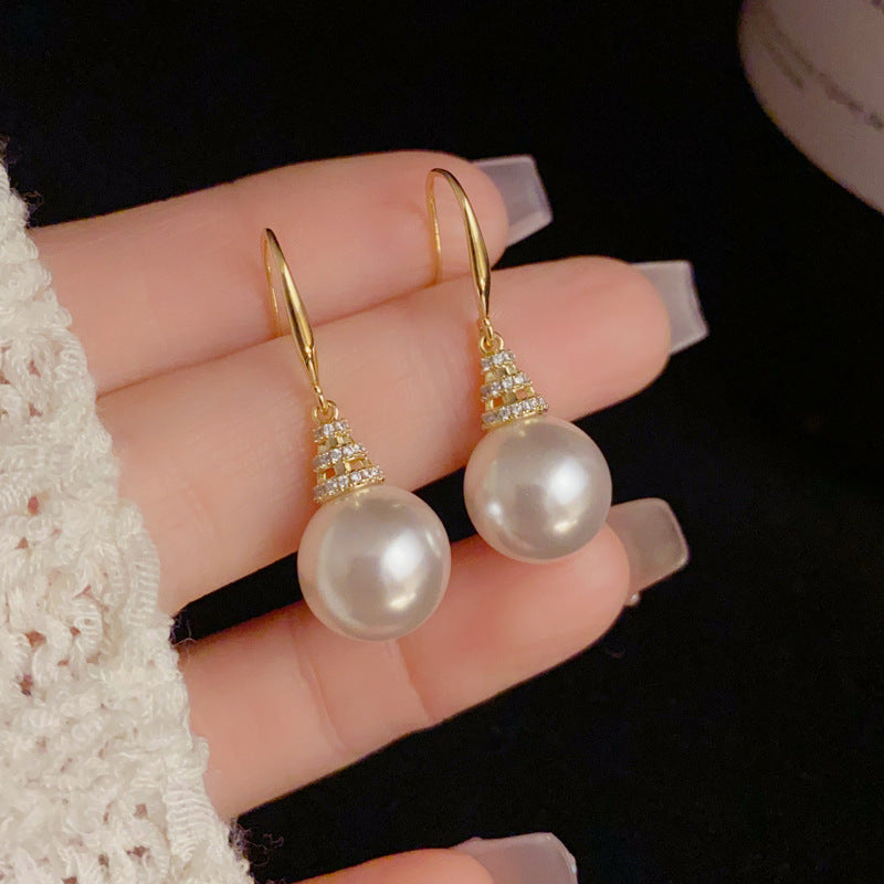 14K Gold-Plated Zircon Pearl Tassel Hook Earrings – Elegant Design