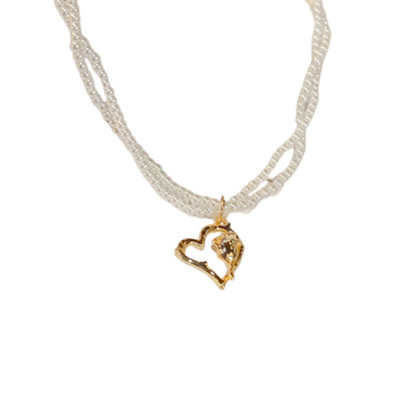 14K Gold-Plated Double Layer Pearl Heart Necklace – Minimalist Design