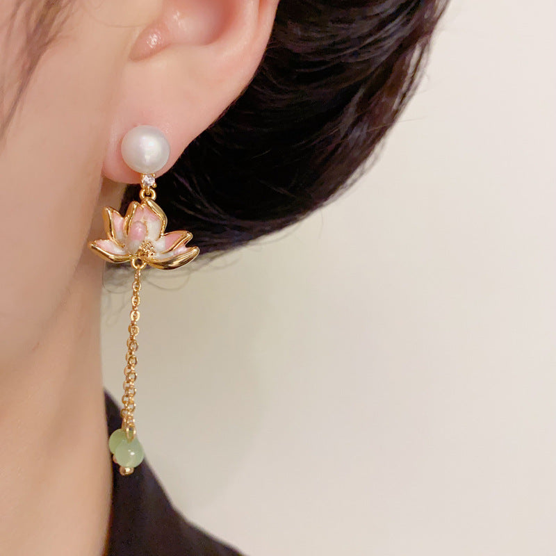 14K Gold Pearl Lotus Tassel Earrings – Elegant Floral Drop Design