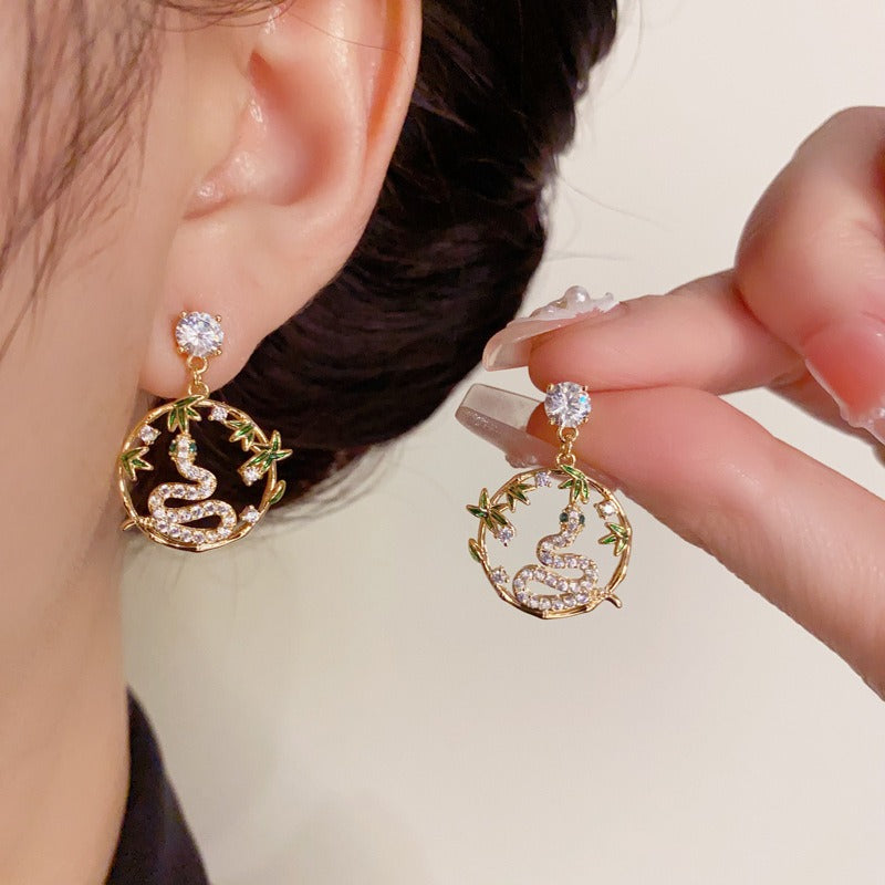 14K Gold-Plated Zircon Snake Bamboo Leaf Hoop Earrings: Elegant & Trendy