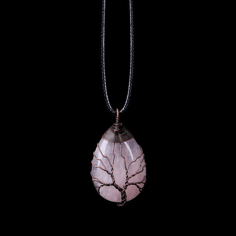 Natural Stone Crystal Drop-shaped Winding Tree Of Life Pendant Necklace