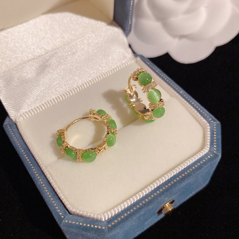 14K Gold-plated Minimalist Green Cat's Eye Stone Hoop Earrings-Unique Design