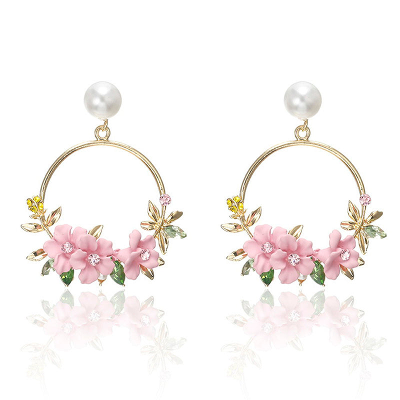 14k Trendy Cute Pink Flower Earrings with pearl