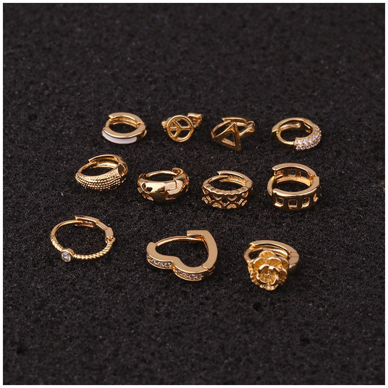 14k gold-plated profiled perforated Huggie earrings set