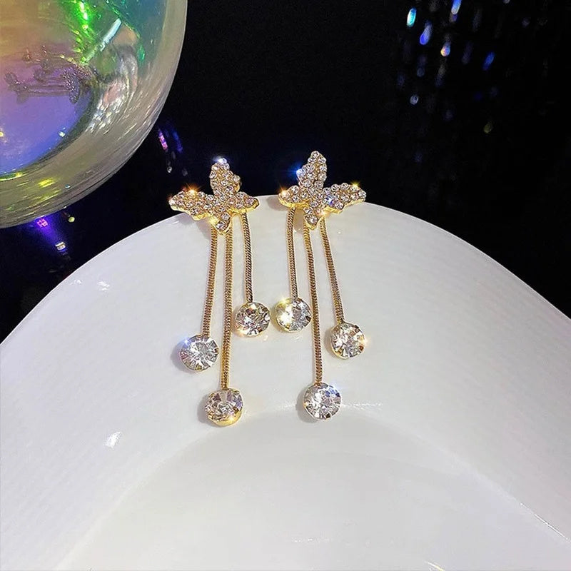 S925 Shiny Butterfly Rhinestone Drop Dangle Earrings