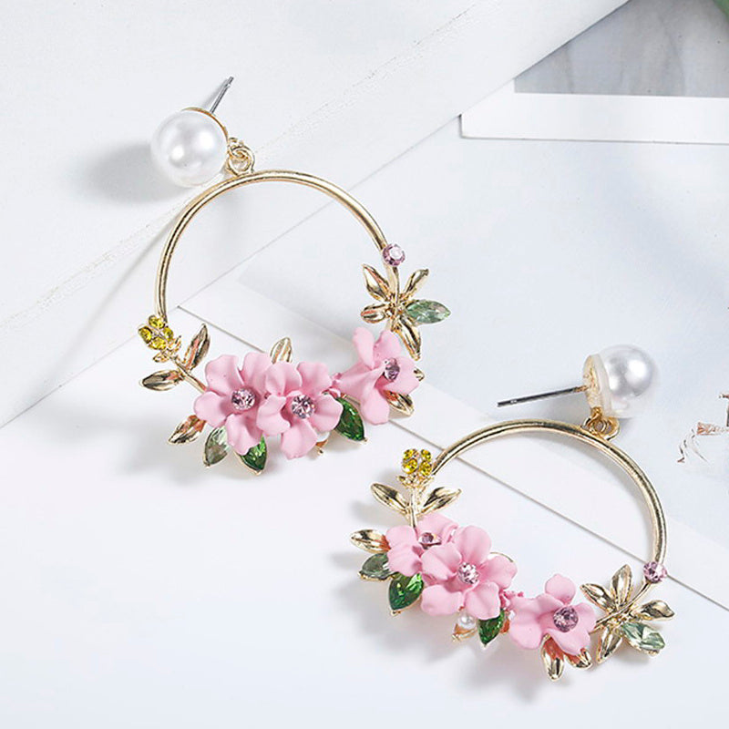 14k Trendy Cute Pink Flower Earrings with pearl