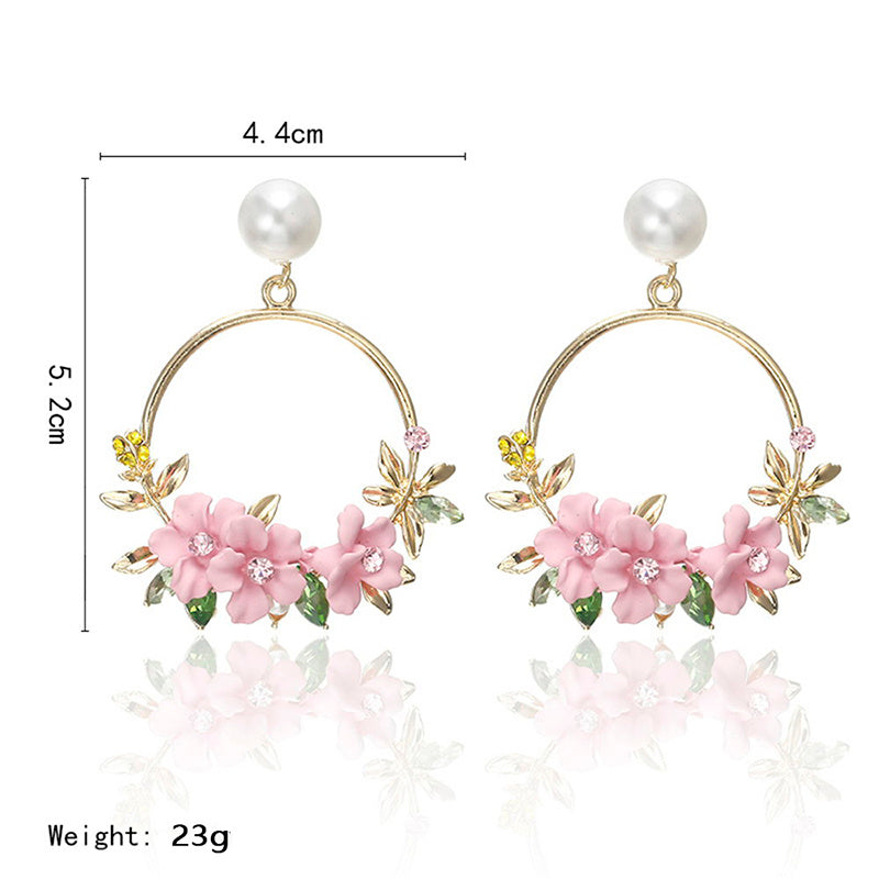 14k Trendy Cute Pink Flower Earrings with pearl