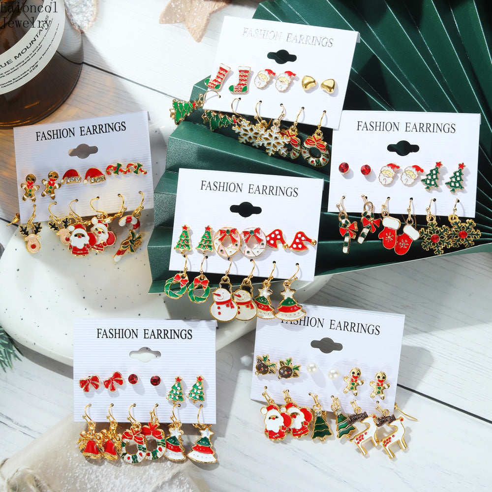 Christmas Earrings Cartoon Ear Stud Set - with Enamel Finish