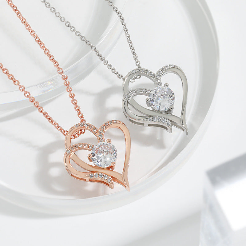 Zircon Double Love Necklace With Rhinestones Ins Personalized Heart-shaped Necklace