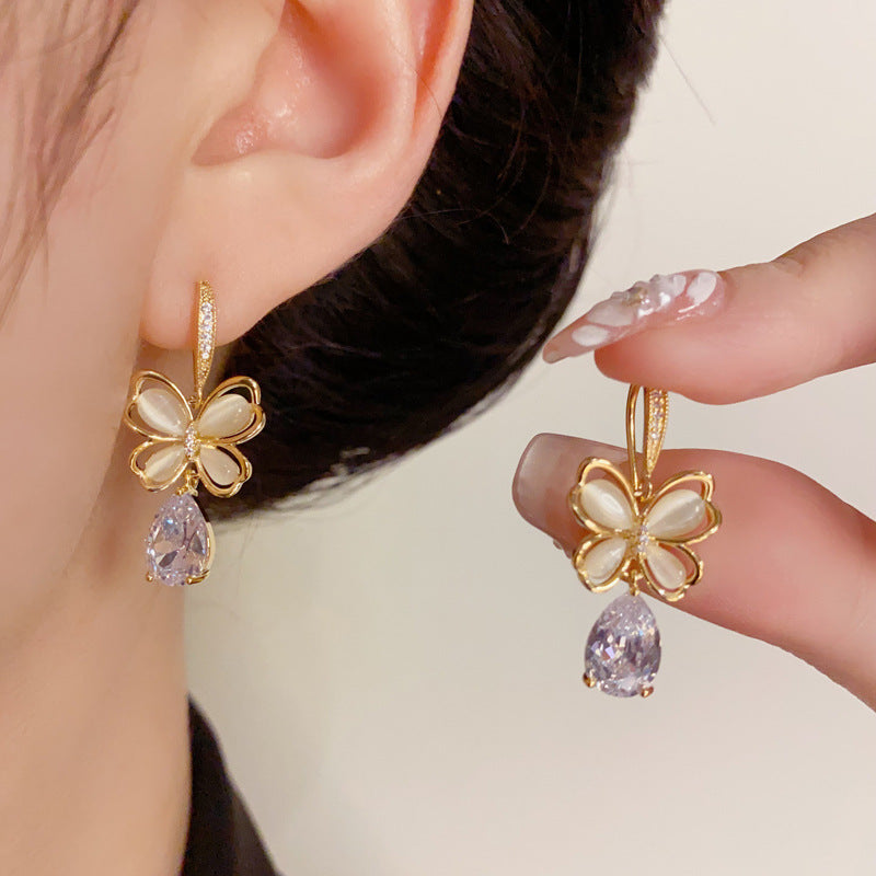 French Style Elegant Cat's Eye Stone Butterfly Zircon Teardrop Earrings – Luxurious and Stylish Hook Design