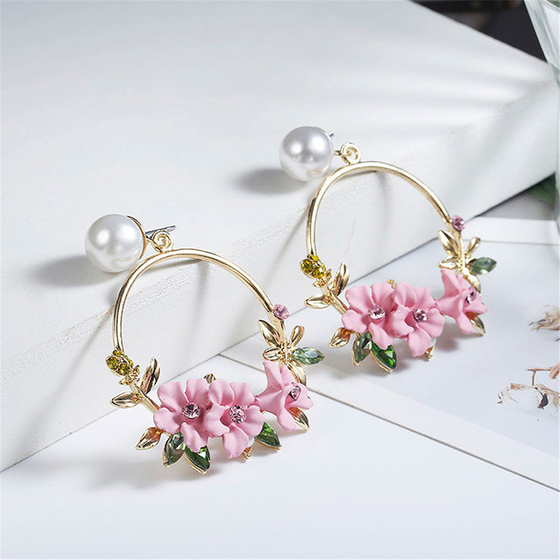 14k Trendy Cute Pink Flower Earrings with pearl