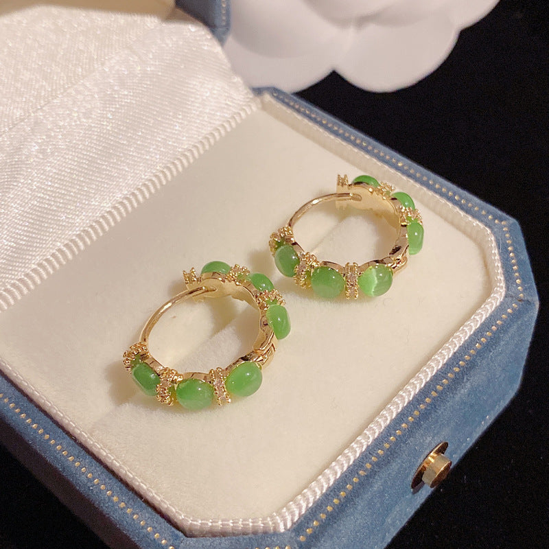 14K Gold-plated Minimalist Green Cat's Eye Stone Hoop Earrings-Unique Design