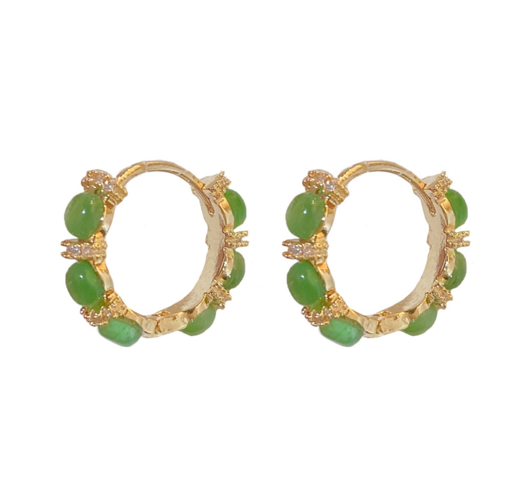 14K Gold-plated Minimalist Green Cat's Eye Stone Hoop Earrings-Unique Design