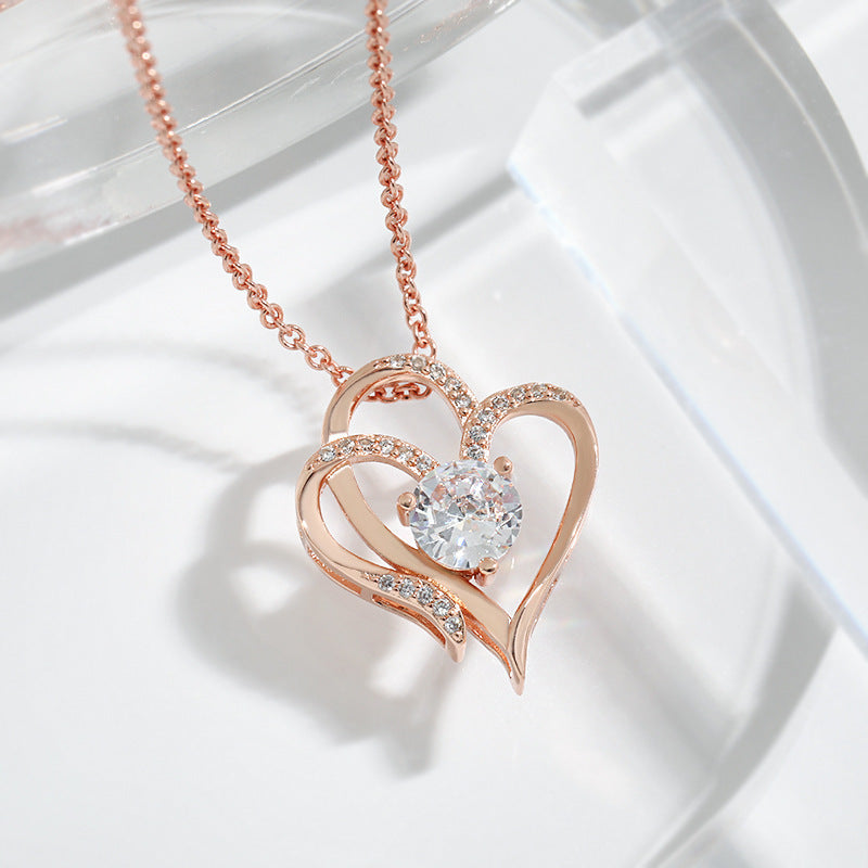 Zircon Double Love Necklace With Rhinestones Ins Personalized Heart-shaped Necklace