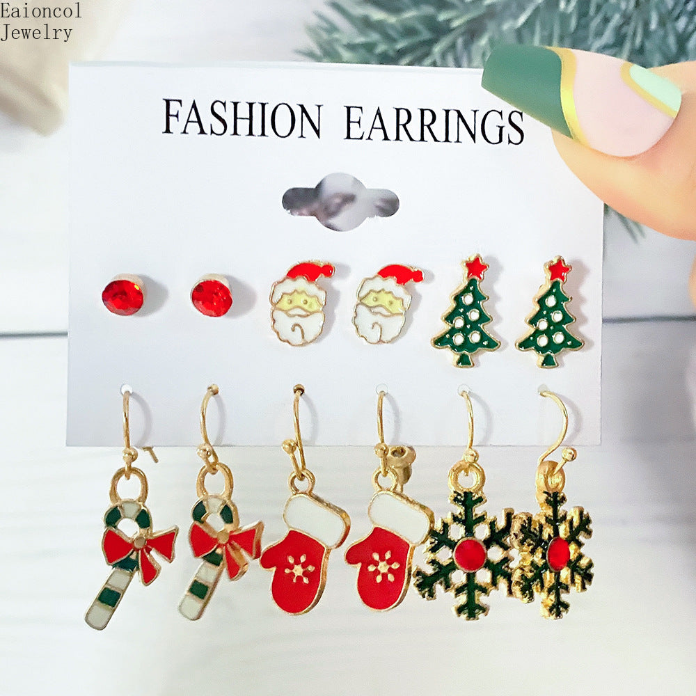 Christmas Earrings Cartoon Ear Stud Set - with Enamel Finish