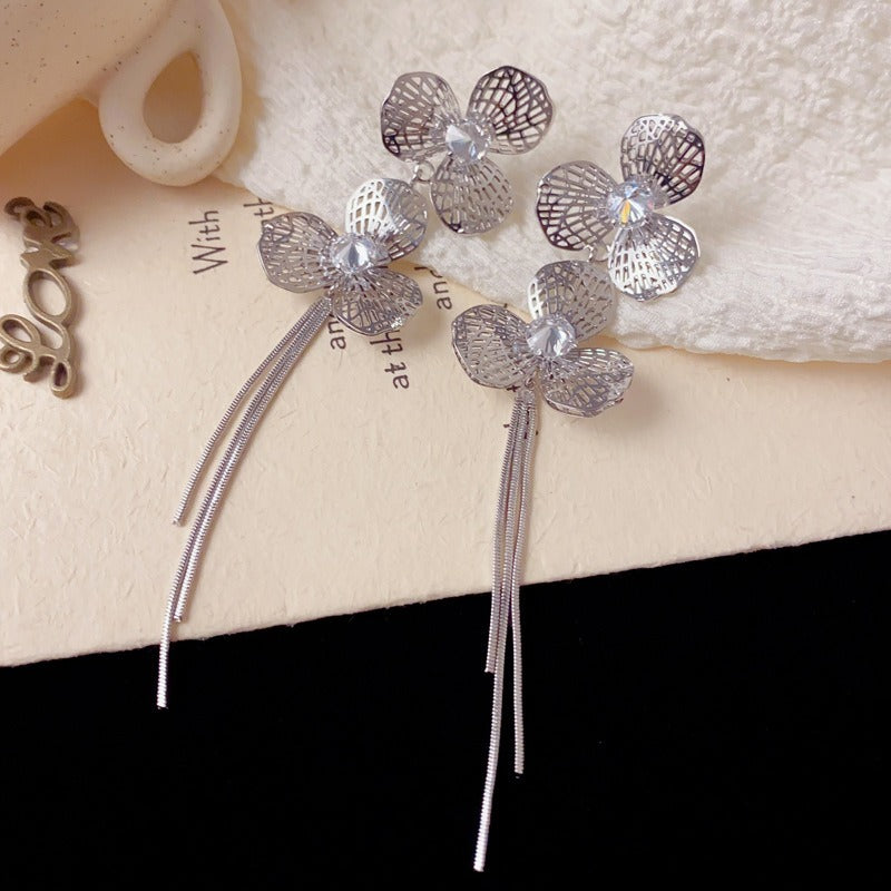 Elegant Hollow Metal Petal Long Tassel Drop Earrings – Floral Design