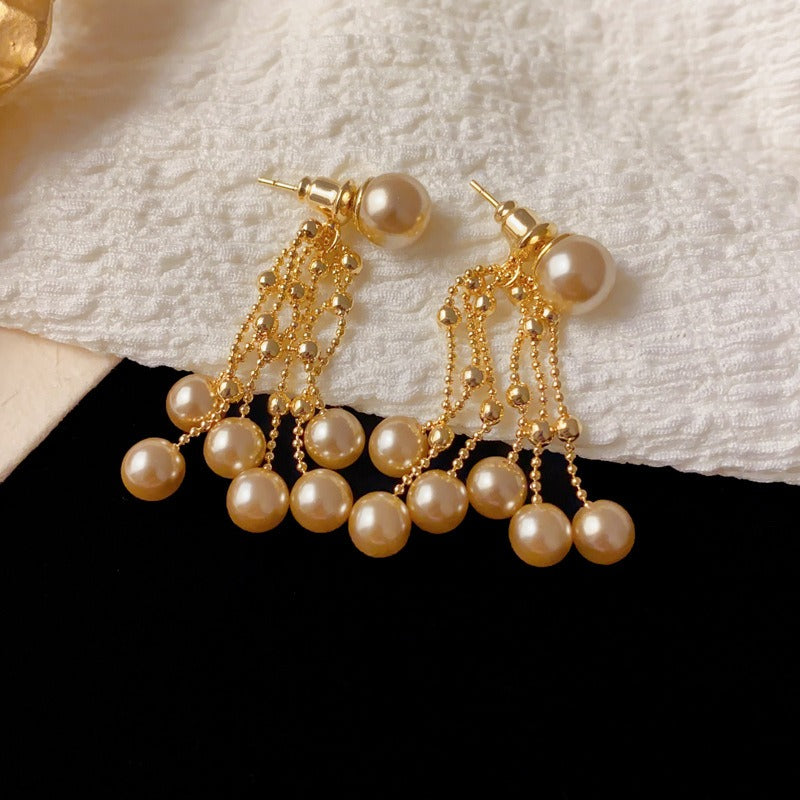 Elegant Two-Way Pearl Tassel Drop Earrings – Long Fringe Design