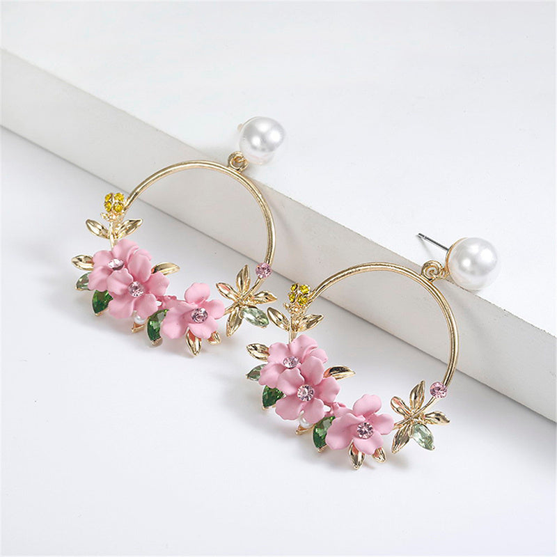 14k Trendy Cute Pink Flower Earrings with pearl