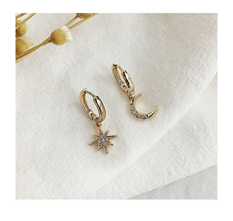 14k Gold Plated Shiny Moon Star Asymmetrical Earrings