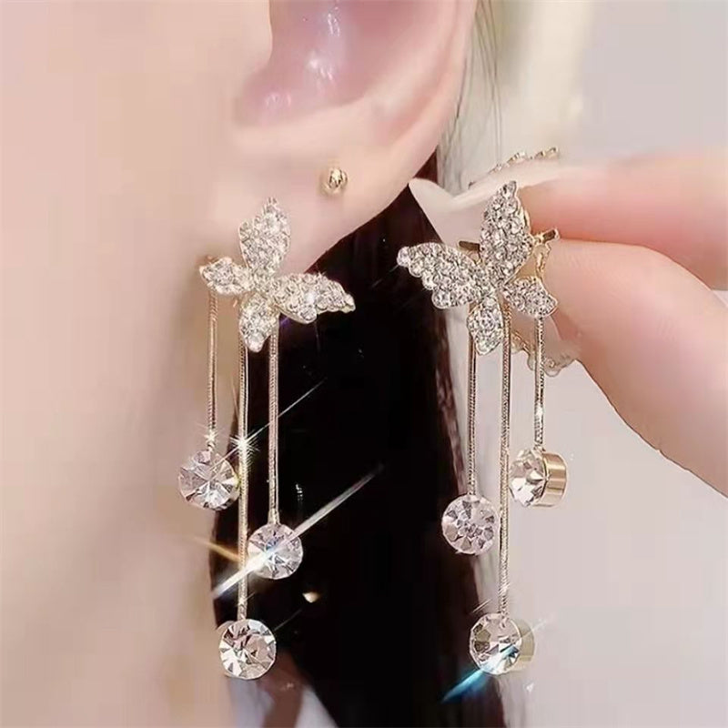 S925 Shiny Butterfly Rhinestone Drop Dangle Earrings