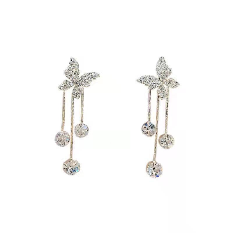 S925 Shiny Butterfly Rhinestone Drop Dangle Earrings