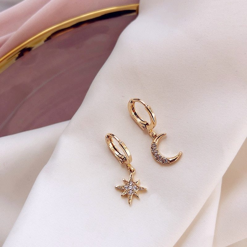 14k Gold Plated Shiny Moon Star Asymmetrical Earrings