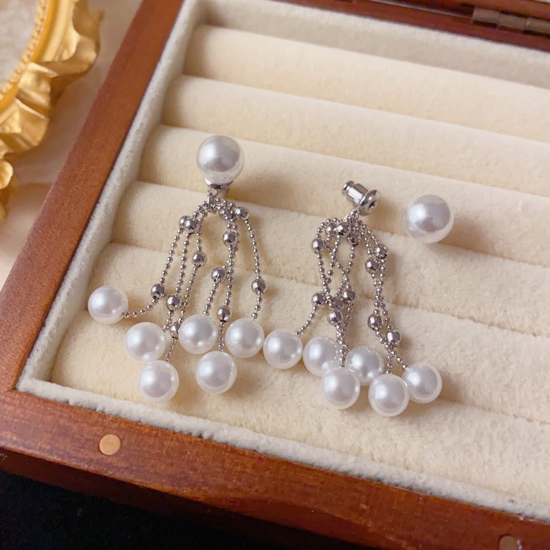Elegant Two-Way Pearl Tassel Drop Earrings – Long Fringe Design