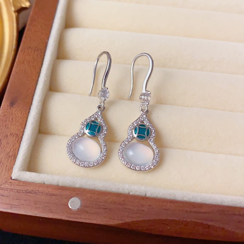 Elegant Full-Zircon Gourd Tassel Drop Earrings – Auspicious Design