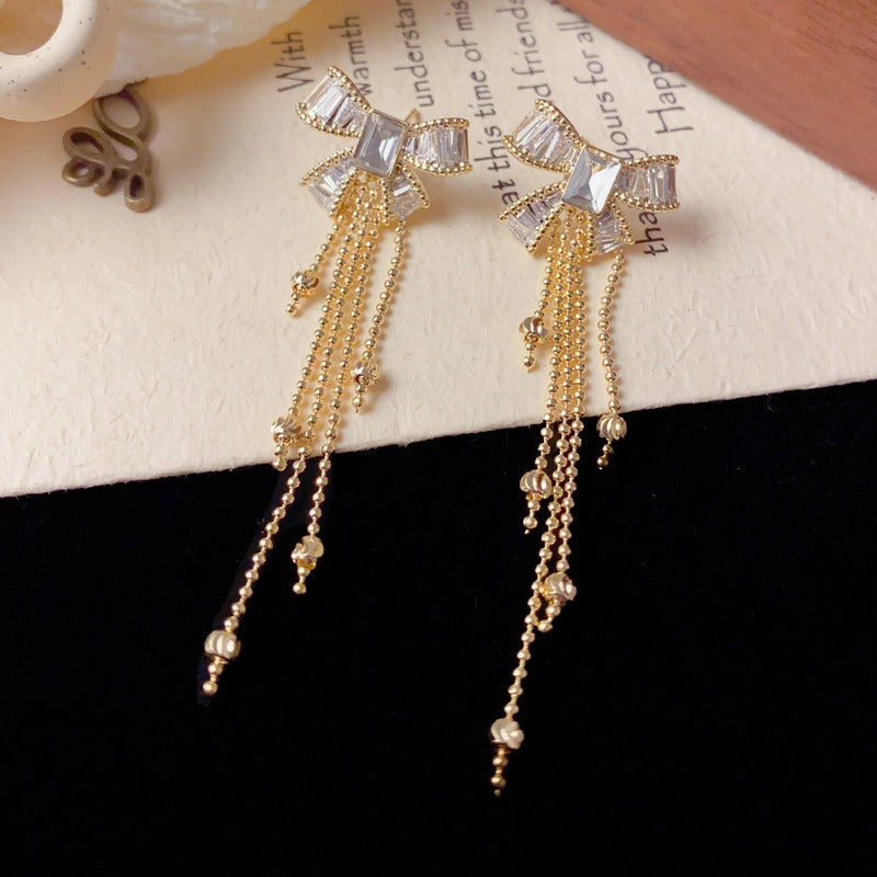 Elegant Zircon Bow Tassel Drop Earrings – French Retro Design