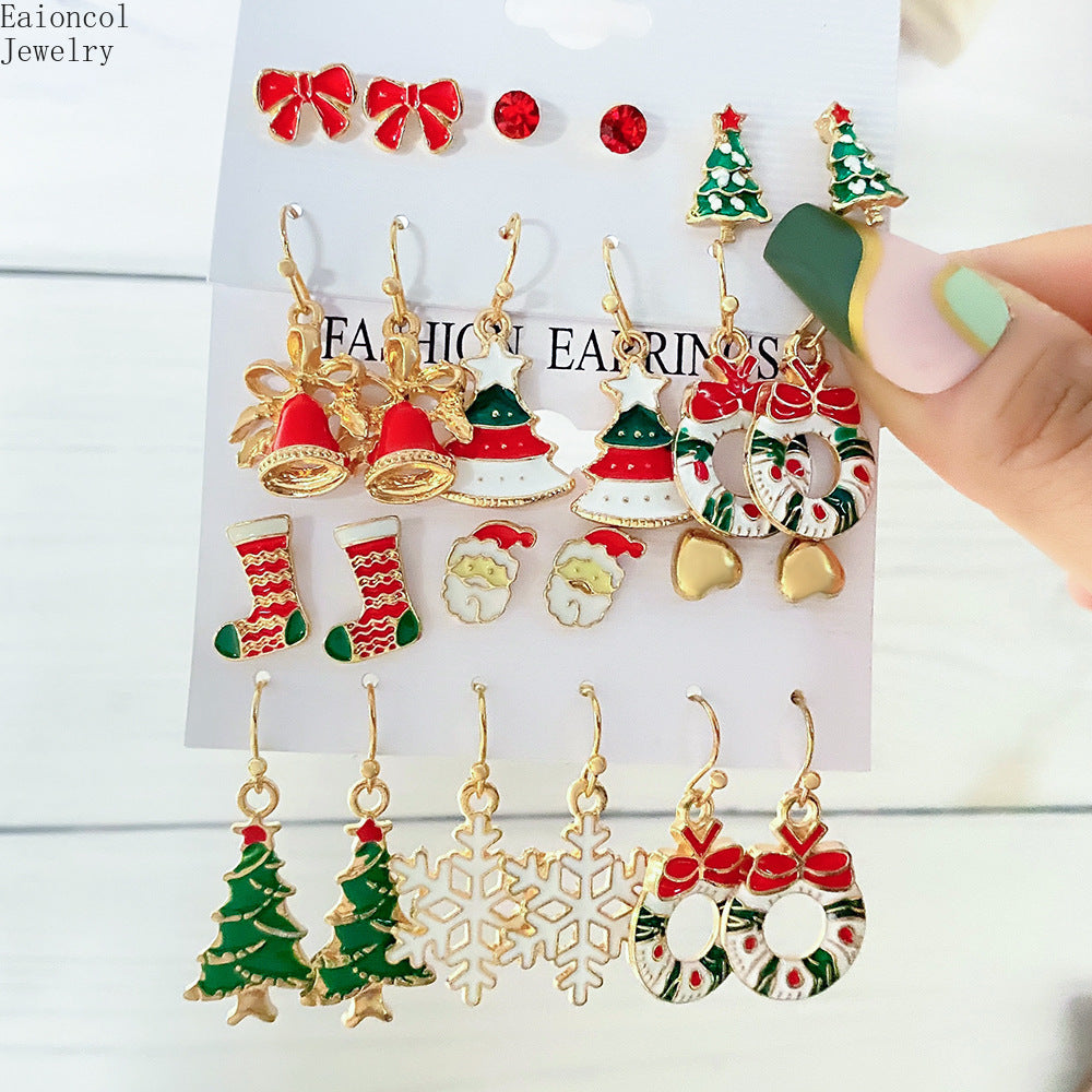 Christmas Earrings Cartoon Ear Stud Set - with Enamel Finish