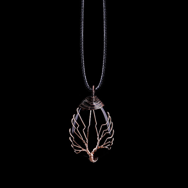 Natural Stone Crystal Drop-shaped Winding Tree Of Life Pendant Necklace