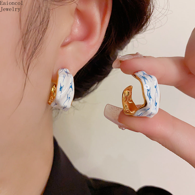 14K Gold Plated Blue and White Porcelain Drop Hoop Earrings-Stylish design