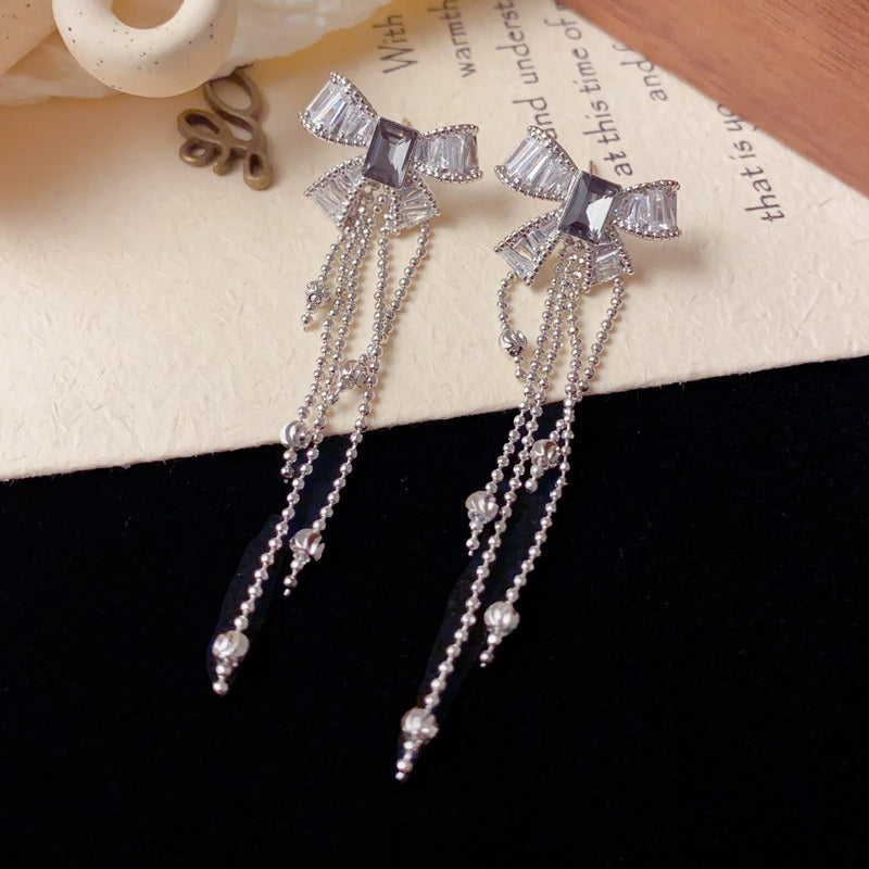 Elegant Zircon Bow Tassel Drop Earrings – French Retro Design