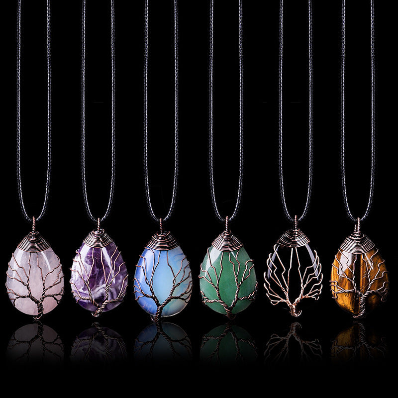 Natural Stone Crystal Drop-shaped Winding Tree Of Life Pendant Necklace