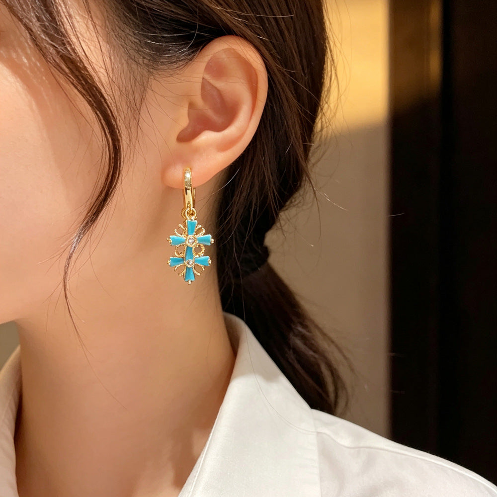 Eaioncol Blue Cross Tassel Hoop Earrings Gold Silver 1
